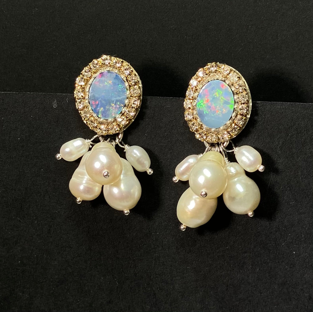 lightning ridge opal and pearl dangle earrings post