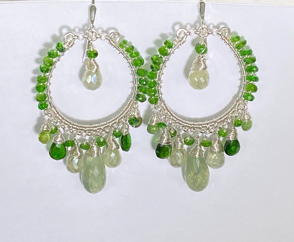 Green Gemstone Sterling Silver Chandelier Hoop Earrings Chrome Diopside Peridot