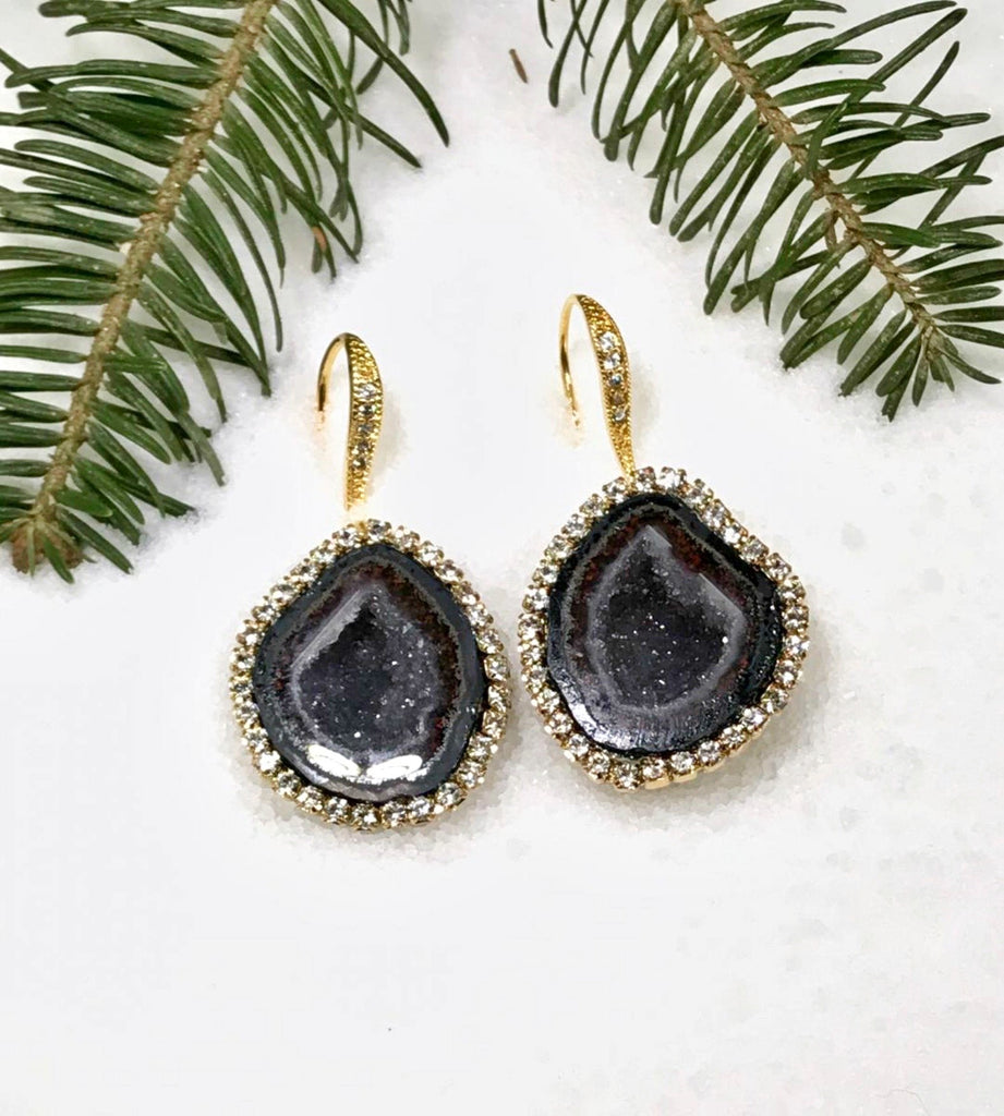 Black Tabasco Geode Earrings with Diamond Look Swarovski Crystals