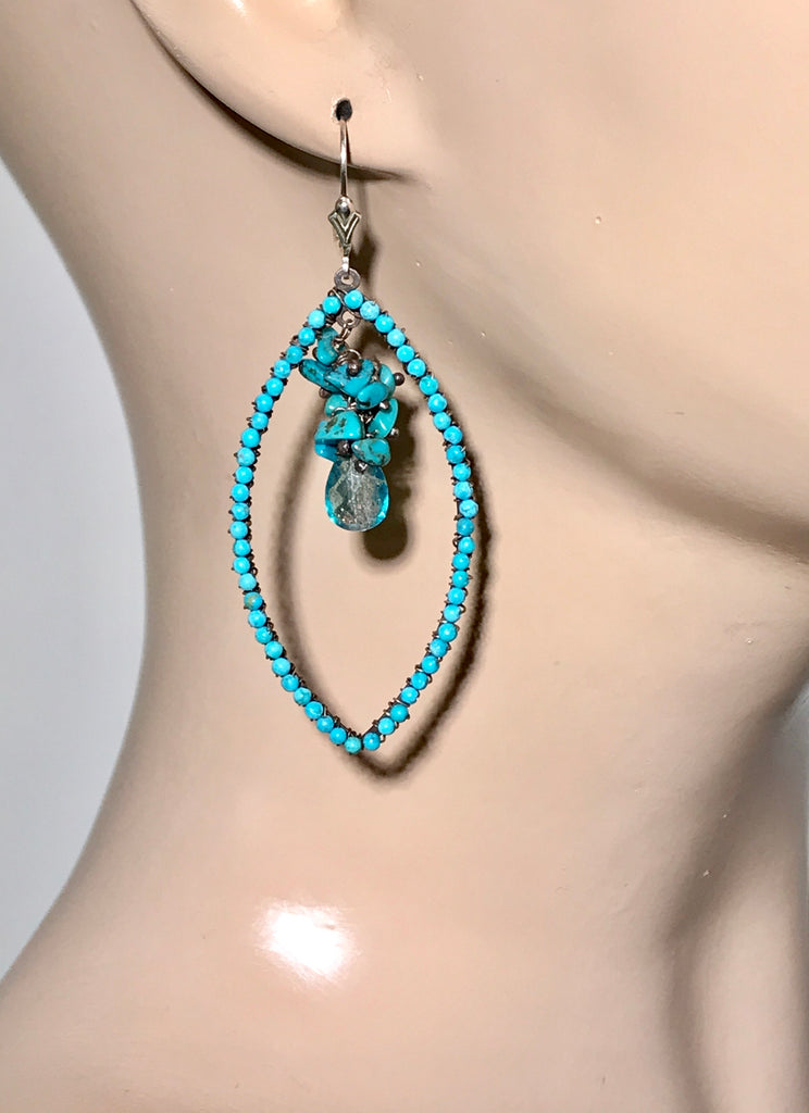 Oxidized Silver Turquoise Beaded Hoop Earrings - doolittlejewelry