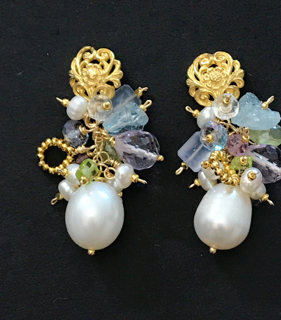 Pastel Gemstone Cluster Pearl Earrings Aquamarine Gold - doolittlejewelry
