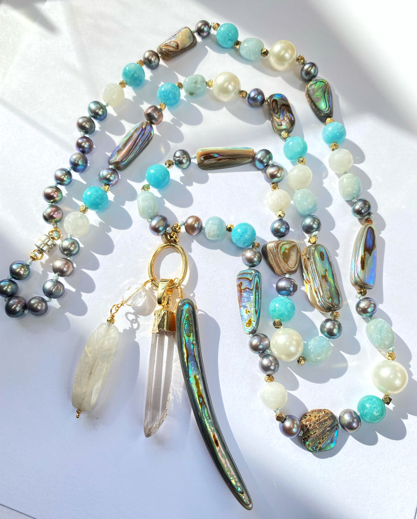 Abalone Long Necklace with Aquamarine, Moonstone, Pearl