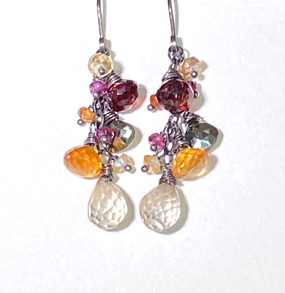 Garnet Oxidized Silver Multicolor Gem Dangle Earrings