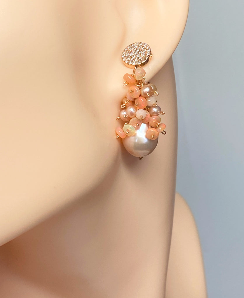 Blush Pink Baroque Pearl Opal Cluster Rose Gold Earrings