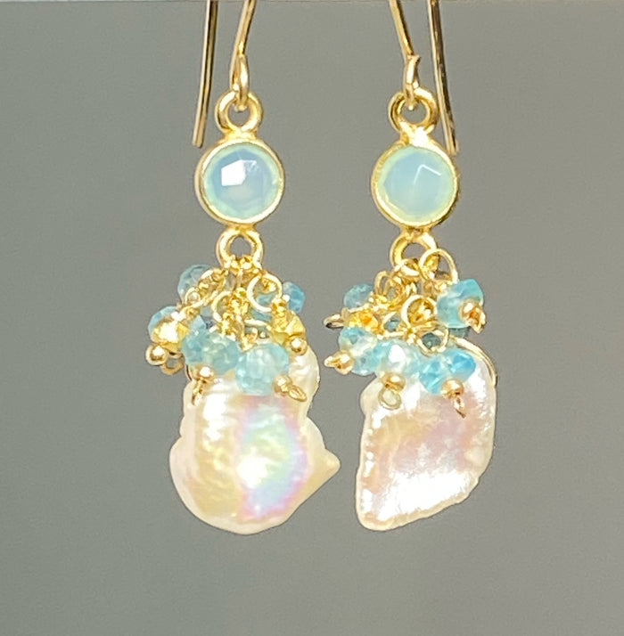Keishi Pearl and Aqua Gemstone Cluster Dangle Earrings