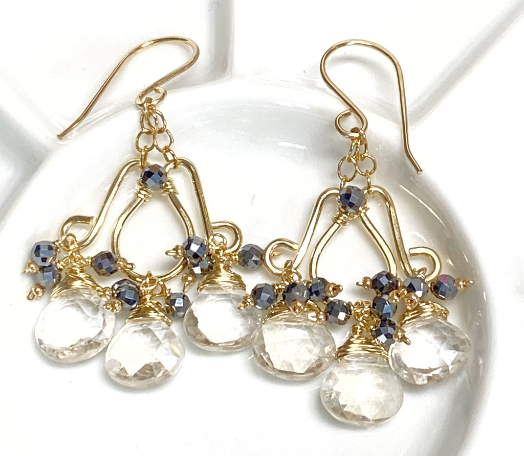 Mystic Crystal Quartz Chandelier Earrings Gold Fill with Black Clusters