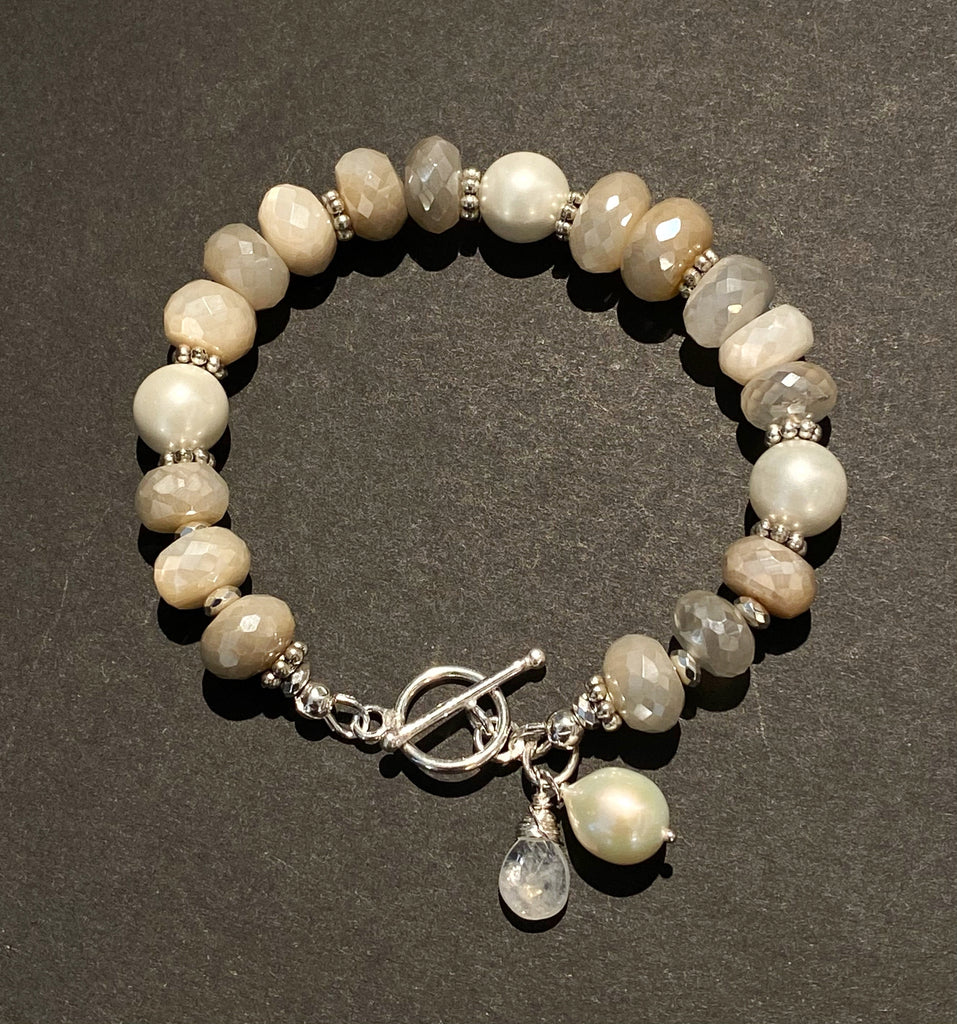 Mystic Moonstone, Pearl and Sterling Silver Layering Bracelet