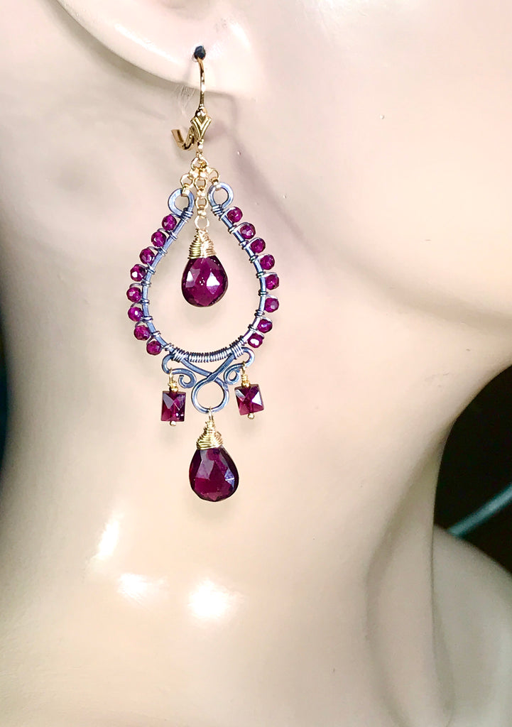 Rhodolite Garnet Chandelier Earrings Mixed Metal Boho Style Oxidized Silver Gold Fill - doolittlejewelry