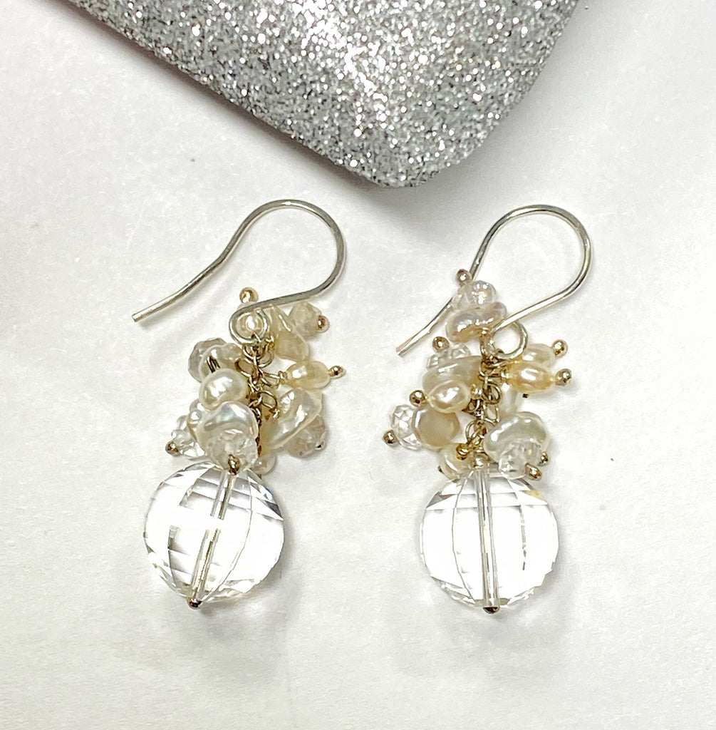 Cut Crystal Quartz, Keishi Pearl Cluster Earrings, Sterling Silver - doolittlejewelry