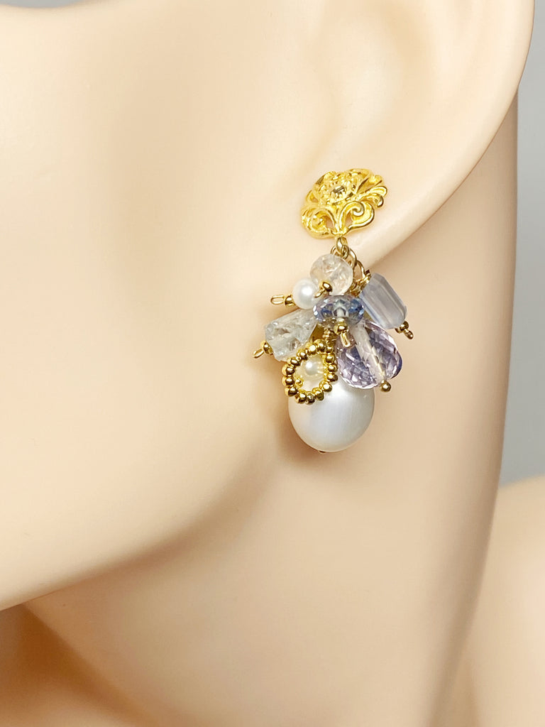 Pastel Gemstone Cluster Pearl Earrings Aquamarine Gold