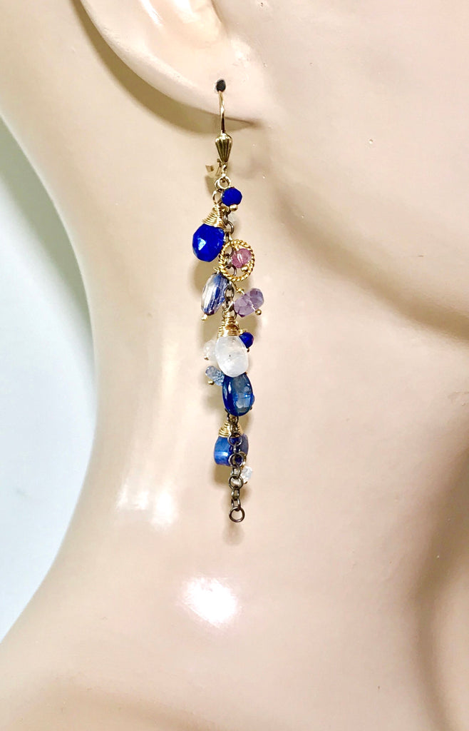 Blue Dangle Earrings Lapis Kyanite Mixed Metals - doolittlejewelry