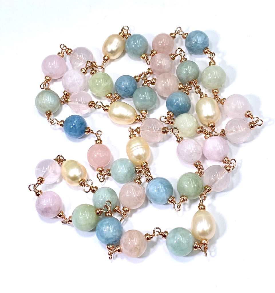 Long Rose Gold Necklace with Aquamarine, Morganite, Rose Quartz, Pearl Sautoir - doolittlejewelry