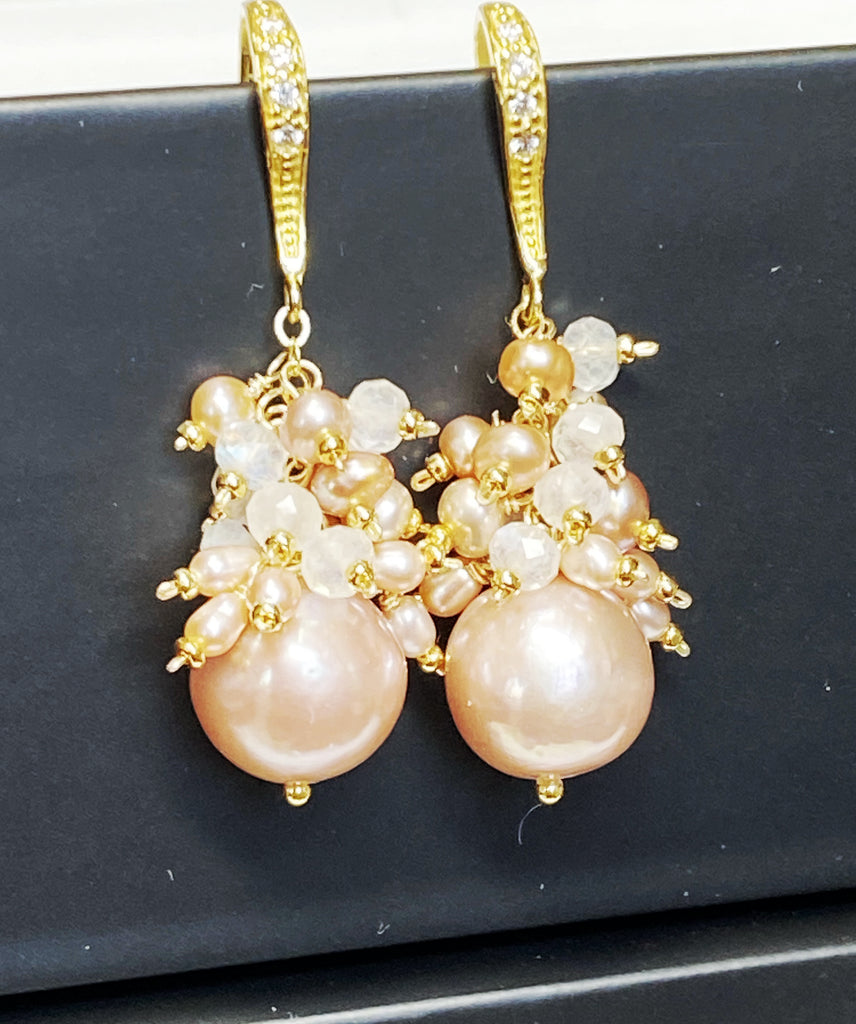 Blush Pink Edison Pearl Cluster Earrings Gold Fill