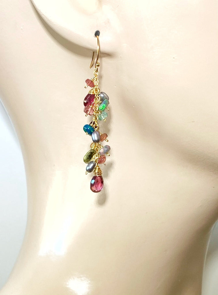 Black Opal and Pink Green Tourmaline Dangle Earrings Gold