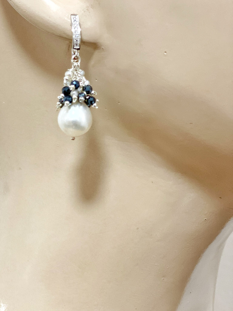 White Pearl Black Spinel Cluster Earrings Sterling Silver