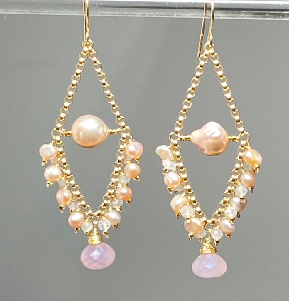 Pink Pearl Chandelier Earrings with Moonstone
