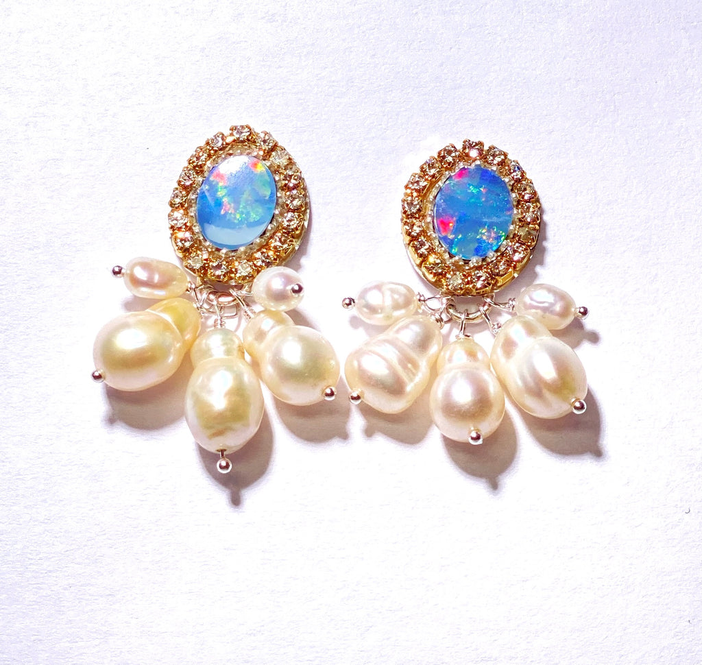 Australian opal post earrings with dangling pearls