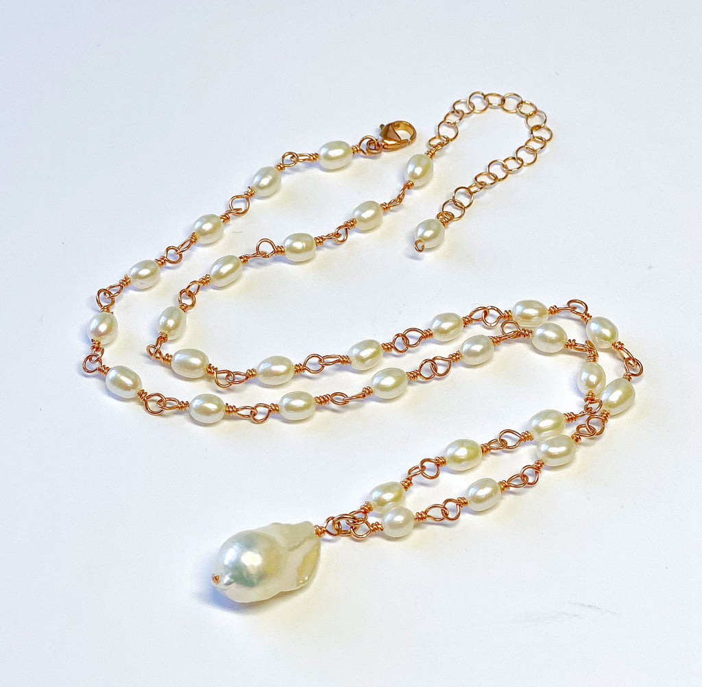 Dainty Baroque Pearl Necklace Wire Wrapped Rosary Style Rose Gold Fill