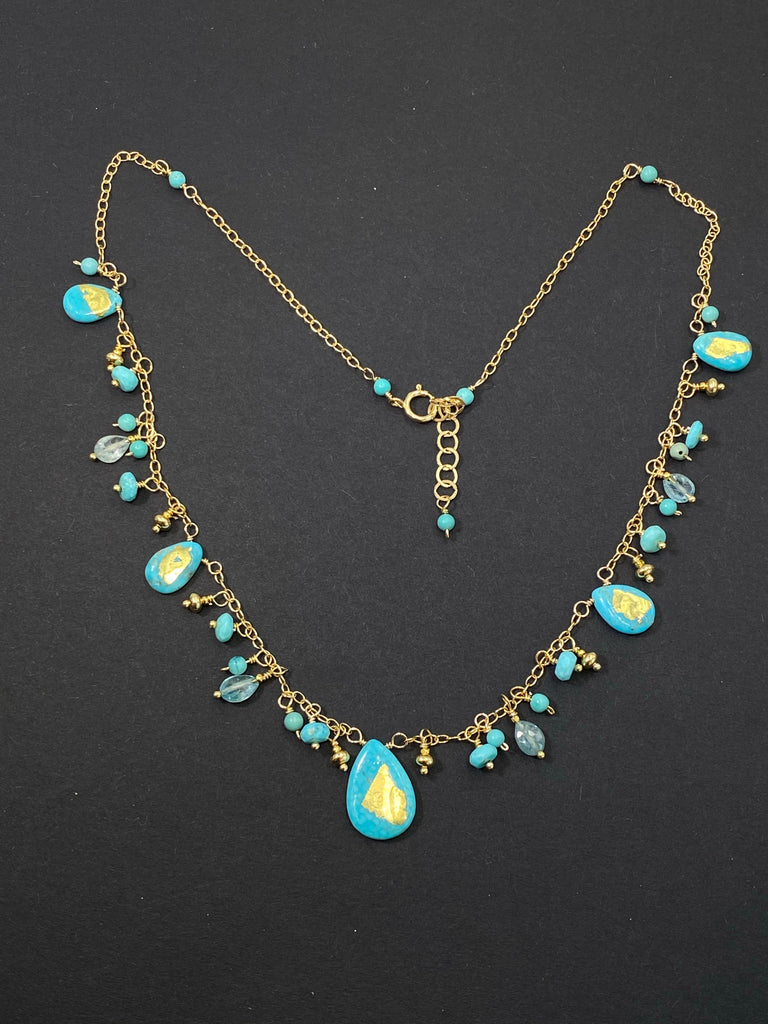 Kingman Turquoise Dangle Necklace Blue Zircon 24 kt Solid Gold Leaf - doolittlejewelry