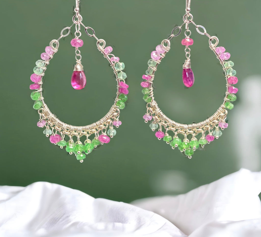 pink sapphire and tsavorite sterling silver chandelier hoop earrings