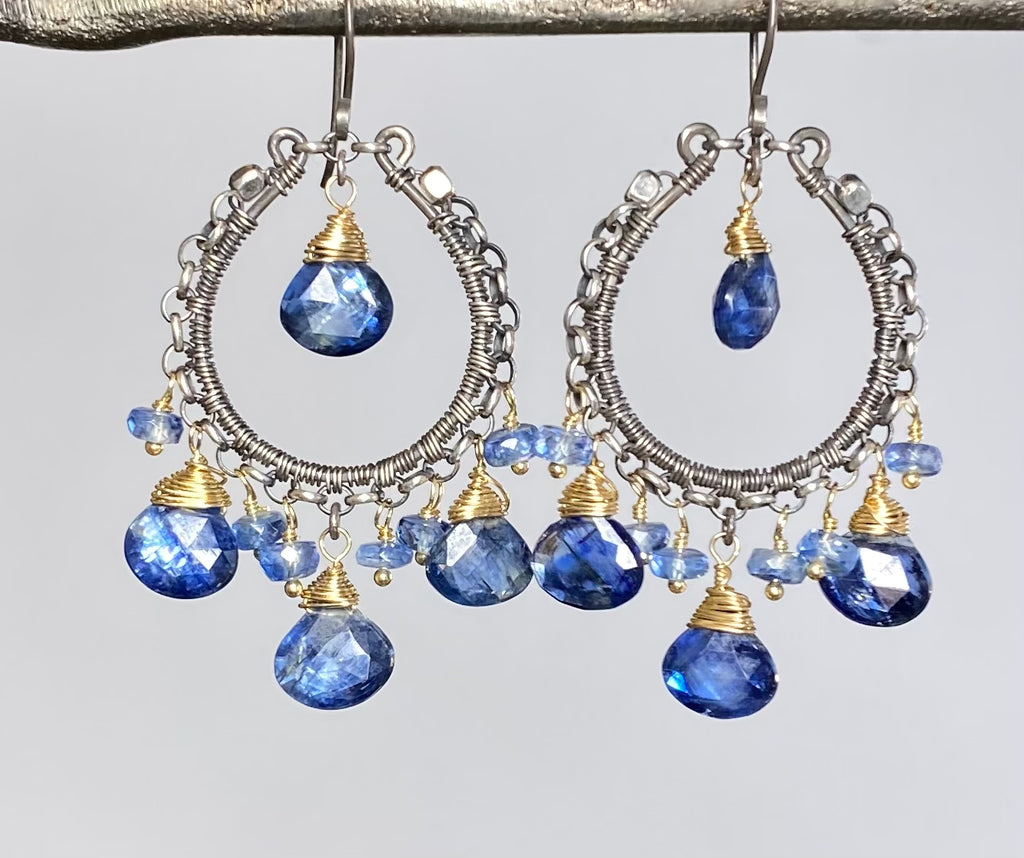 Blue Kyanite Gemstone Mixed Metal Hoop Earrings Gold Fill Oxidized Sterling Silver
