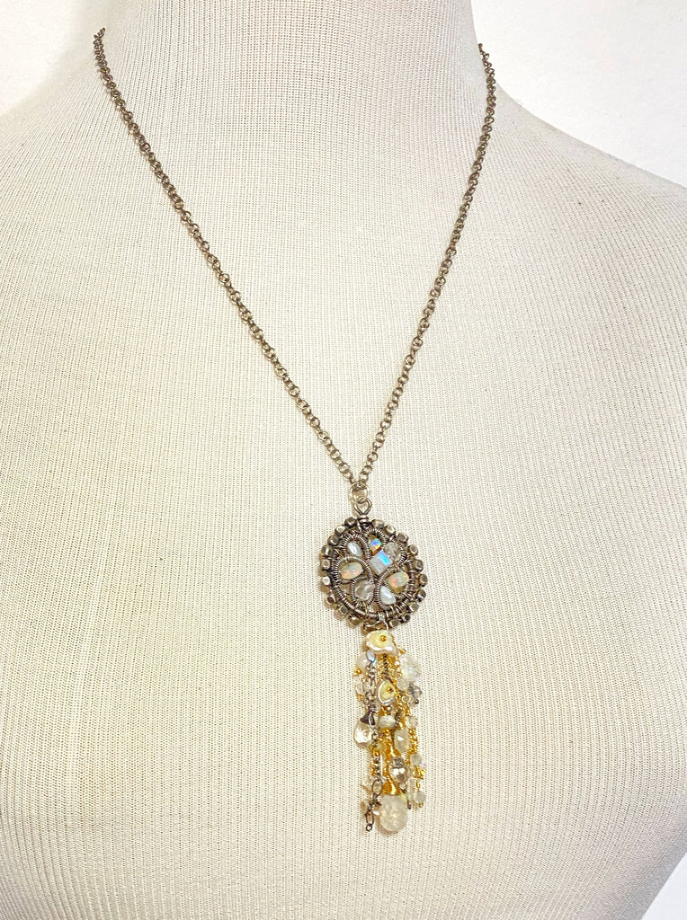 Opal, Moonstone, Crystal Oxidized Silver Coiled Pendant Necklace