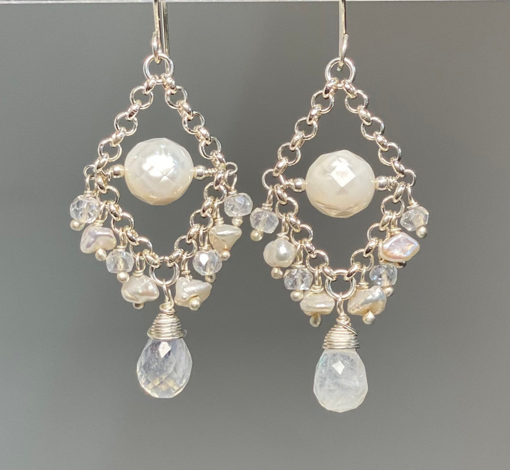 Rainbow Moonstone Chandelier Earrings Sterling Silver