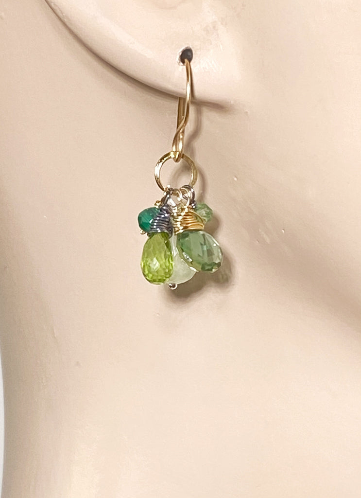 Green Gemstone Mixed Metal Dangle Earrings Prehnite Green Quartz Peridot