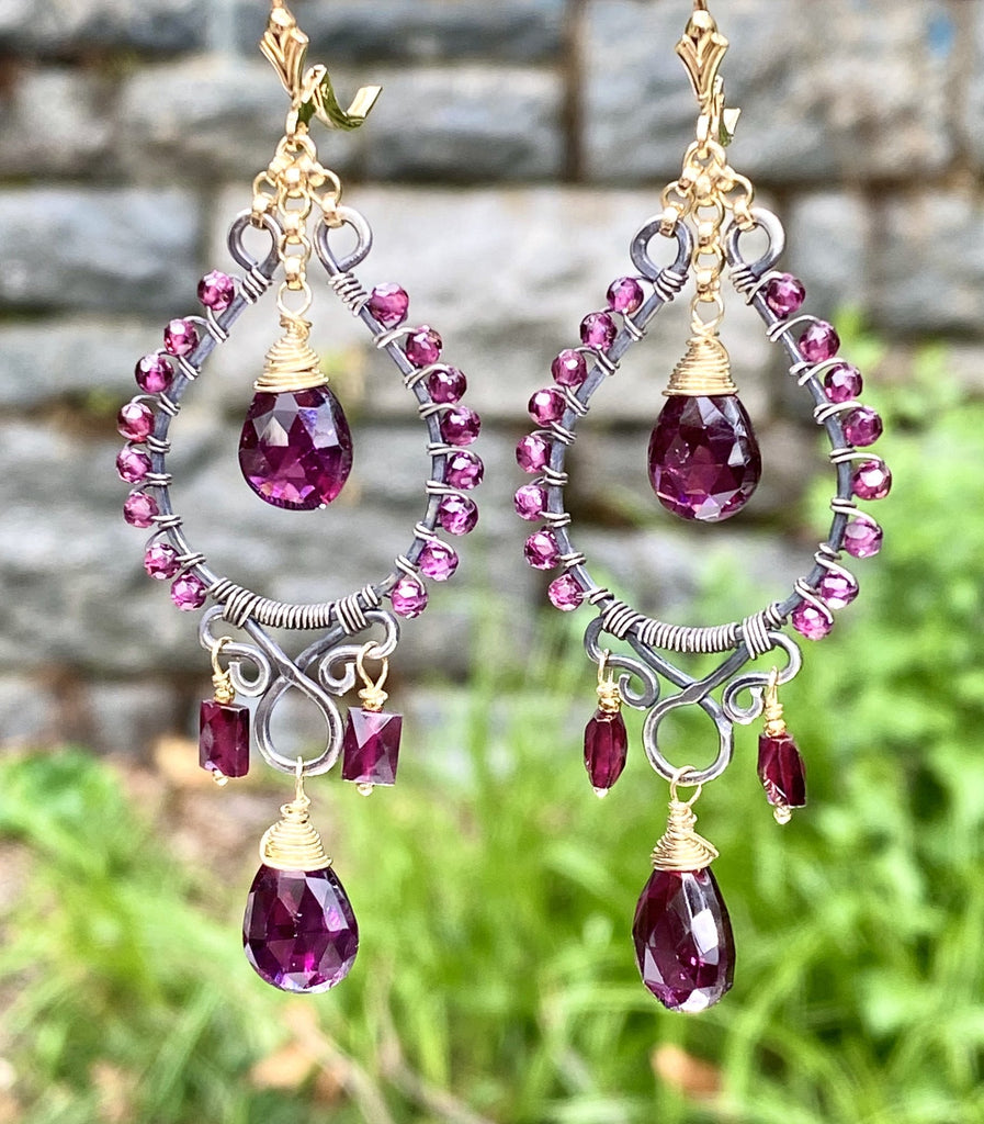 Rhodolite Garnet Chandelier Earrings Mixed Metal Boho Style Oxidized Silver Gold Fill