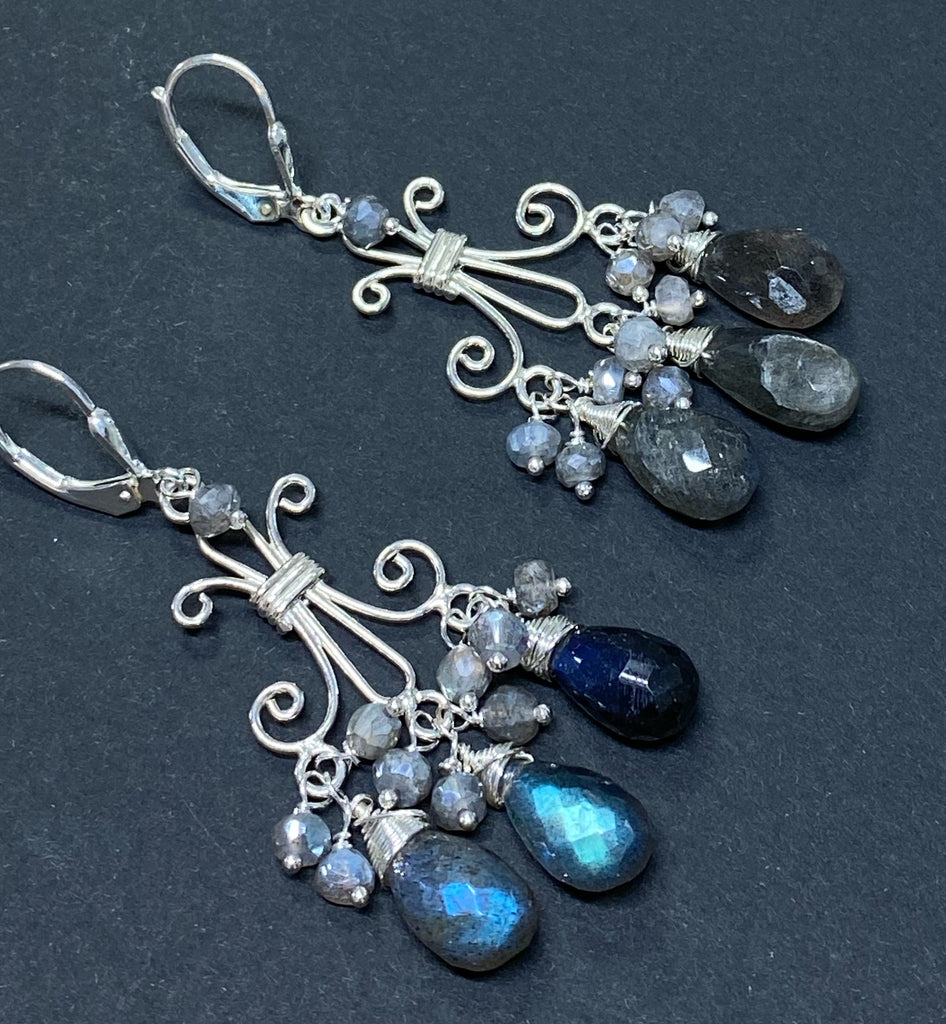 Natural Blue Sapphire And Real Diamond Studded Silver Chandelier Earrings