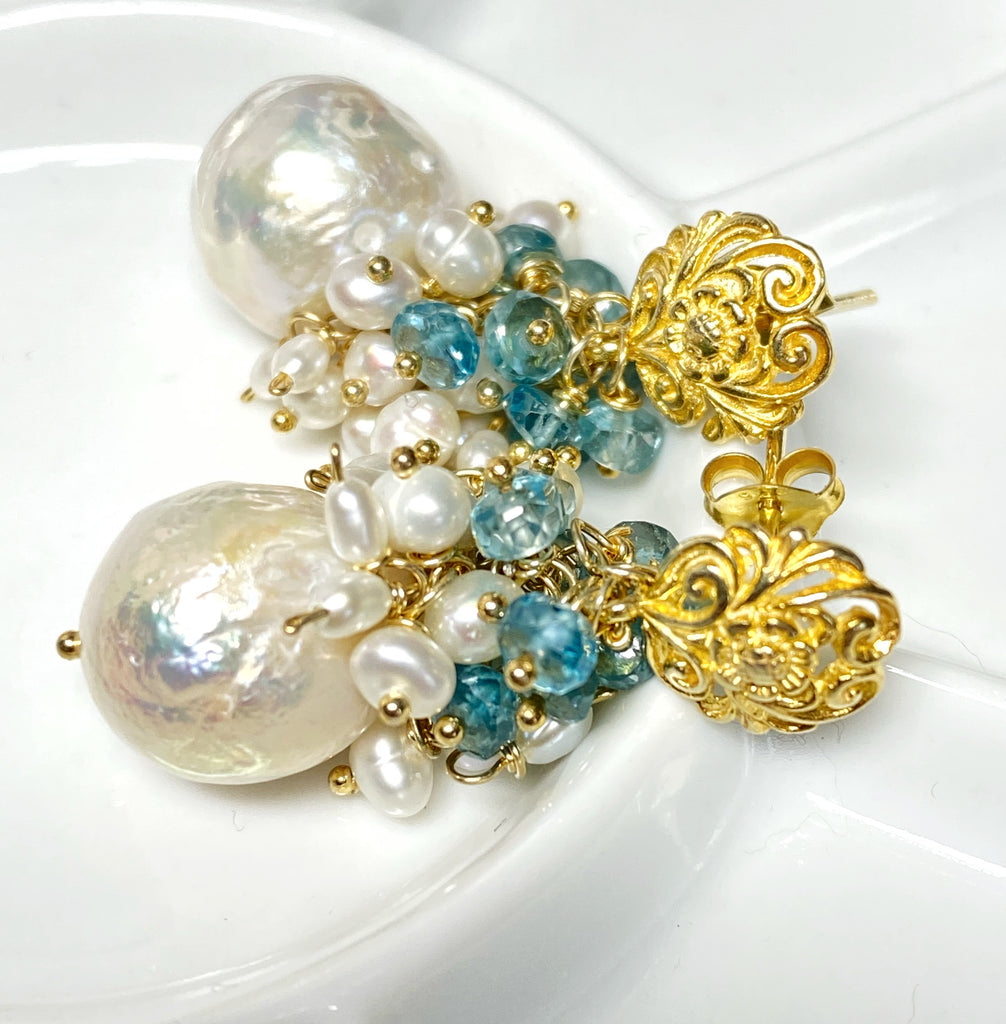 Blue Zircon Pearl Cluster Earrings Gold Post