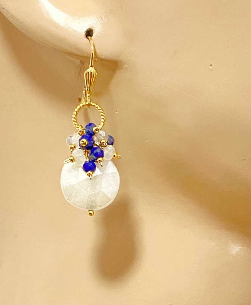 Blue and White Mystic Moonstone Cluster Earrings Gold