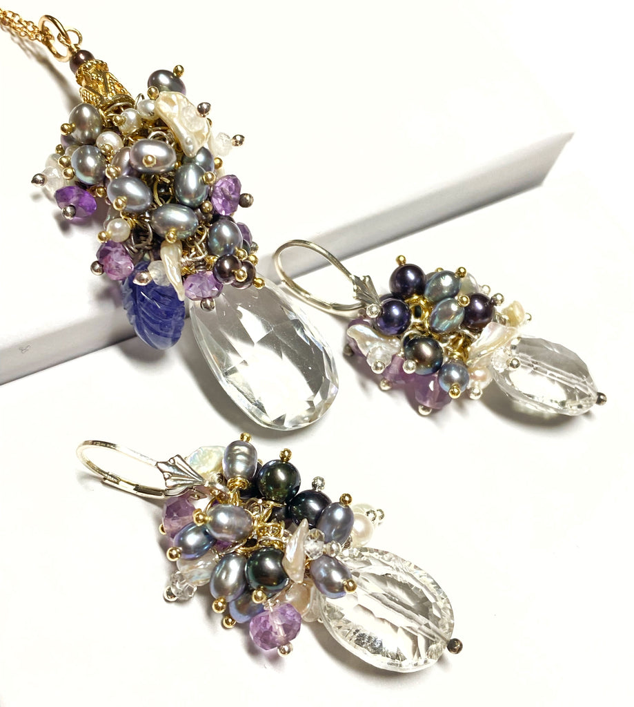 amethyst iolite pearl cluster crystal quartz pendant, earrings set
