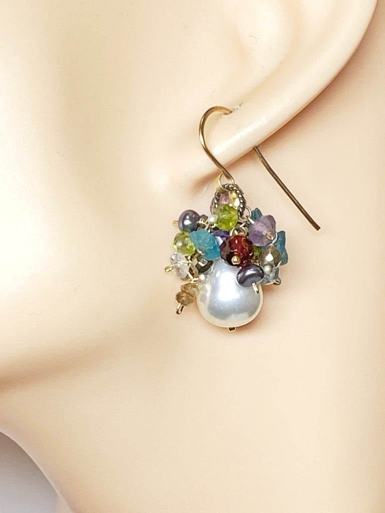 Pearl Cluster Earrings Multi-color Gemstone Mixed Metal