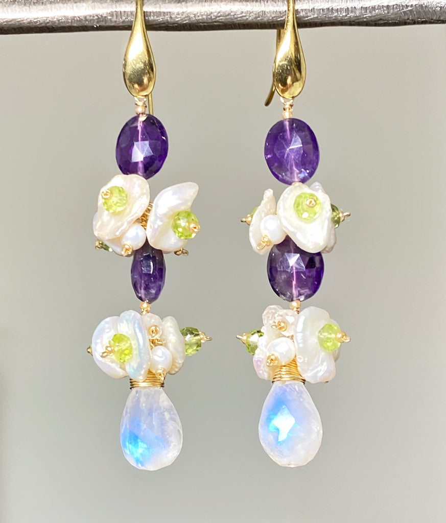 Amethyst Peridot Moonstone Keishi Pearl Long Drop Earrings