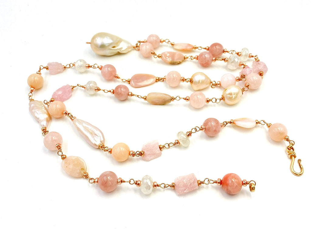 Long Multi Gemstone Necklace Rose Gold Blush Pearl Morganite Pink Peru Opal
