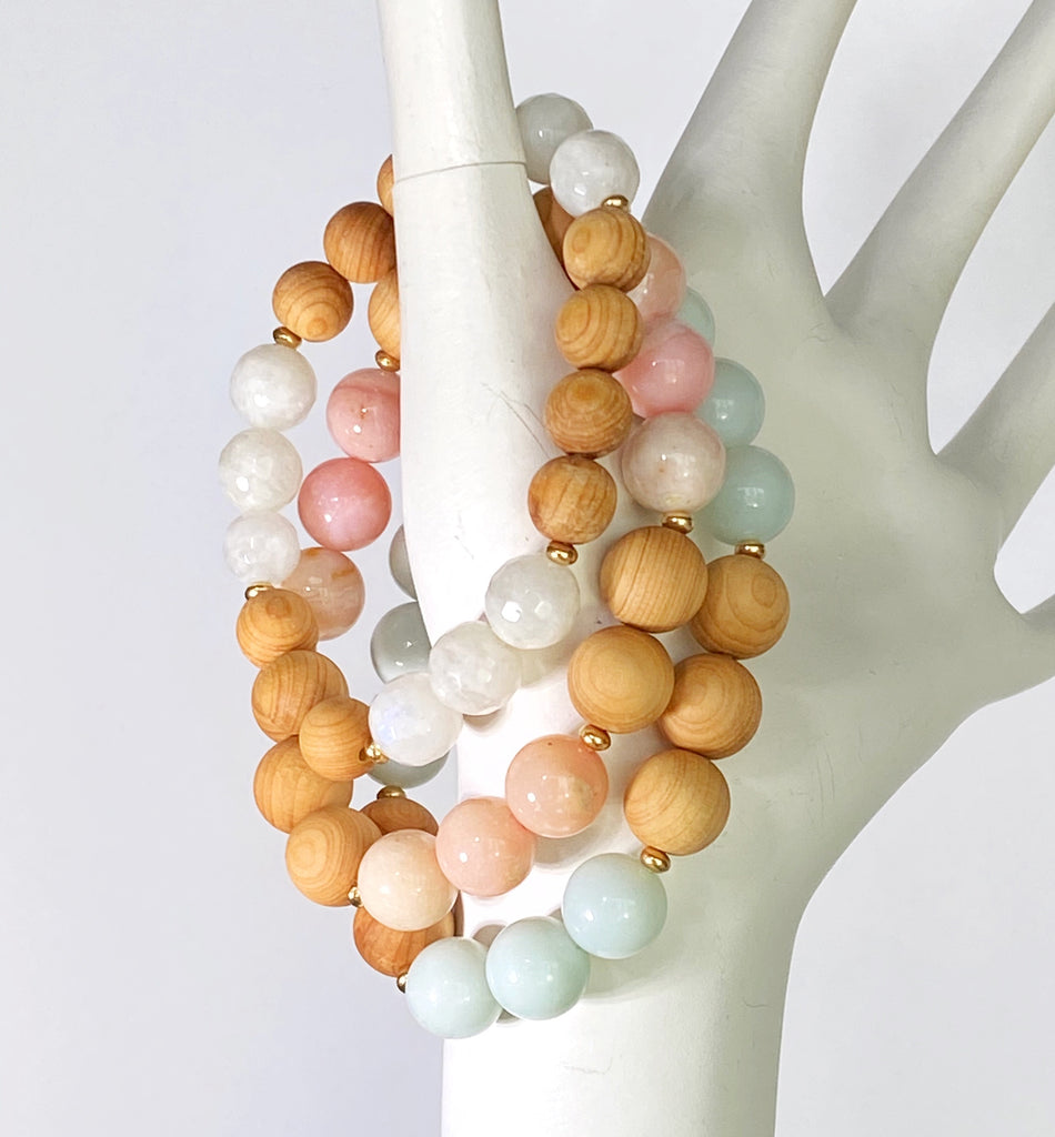 Pastel Gemstone Sandalwood Stretch Stacking Bracelet Set