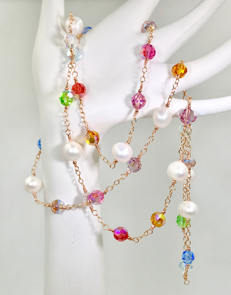 Rose Gold Pearl Swarovski Crystal Long Sautoir Necklace Rosary Style - doolittlejewelry