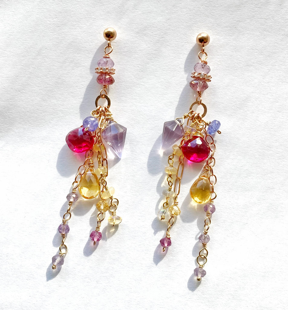 Multi-color Gemstone long chain dangle earrings