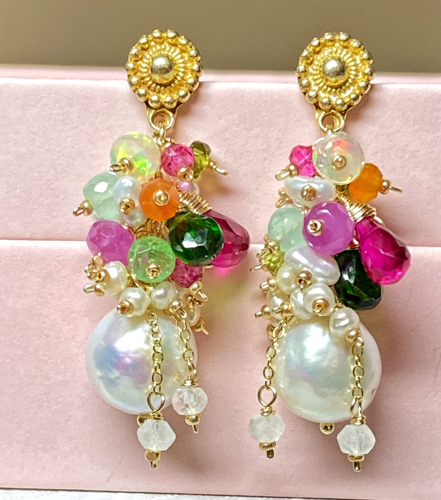 Colorful Gemstone Pearl Cluster Earrings Gold Post