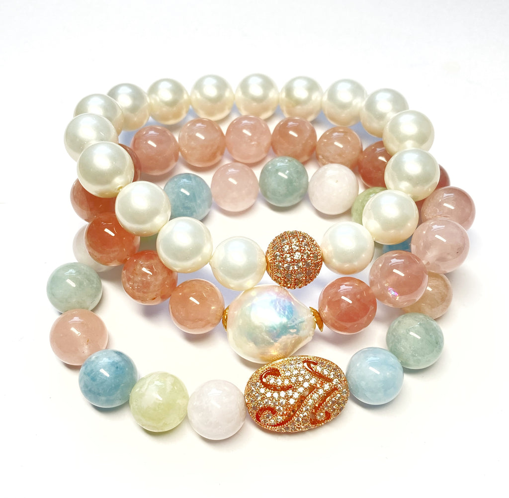 White Pearl Stretch Stacking Bracelet with Rose Gold Pave CZ Bead