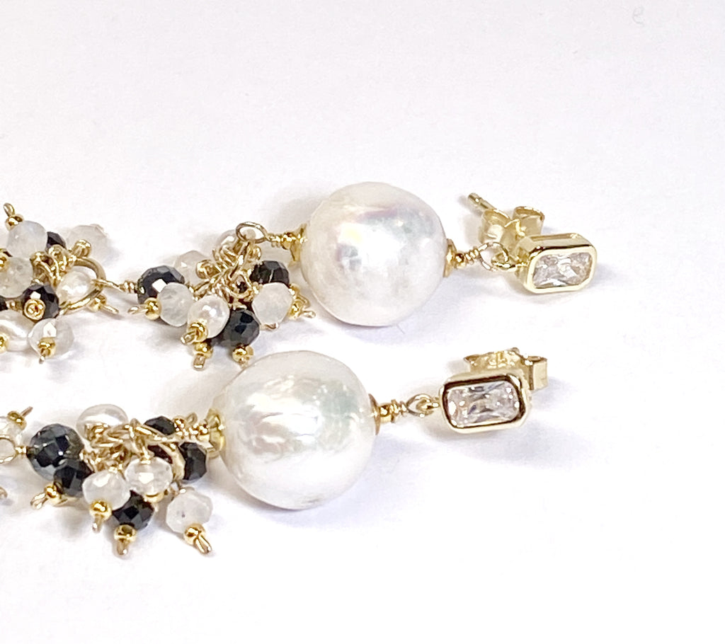 Edison Pearl Long Dangle Earrings with Black Spinel, White Pearl, Moonstone