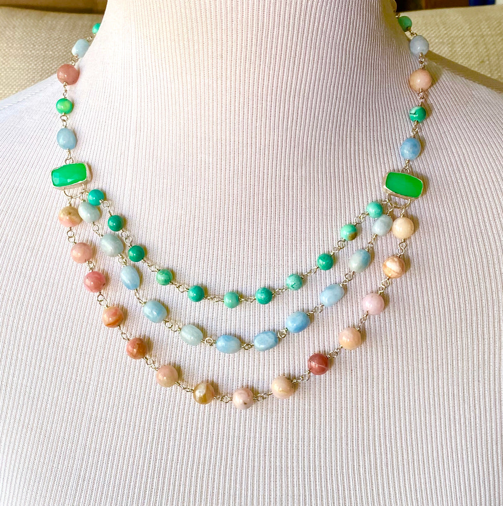 Multi-strand Necklace Multi-color Gemstone Wire Wrapped Opal Chrysoprase Aquamarine - doolittlejewelry