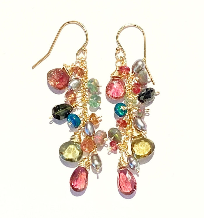 Black Opal and Pink Green Tourmaline Dangle Earrings Gold - Doolittle