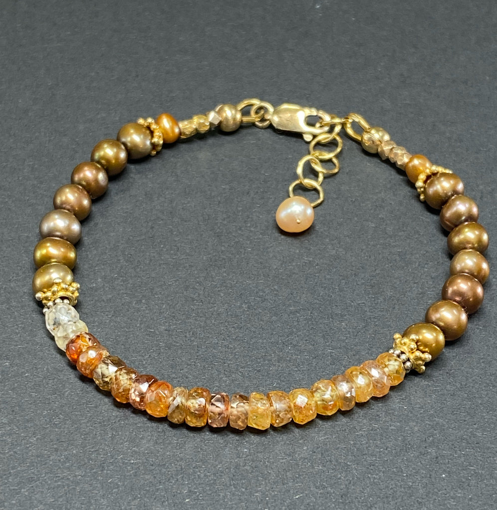 Natural Zircon Gemstone Golden Pearl Dainty Bracelet Gold Fill