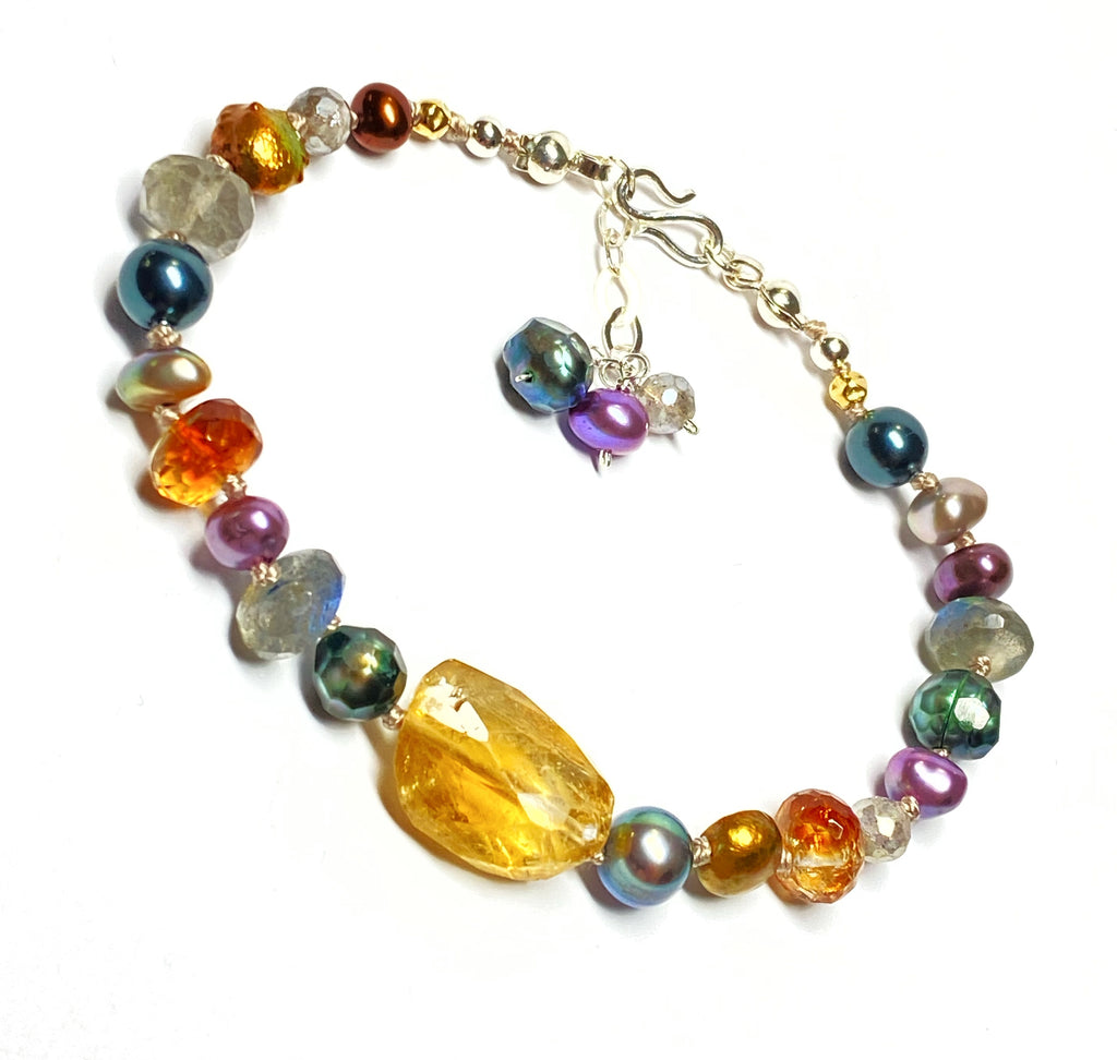 Citrine, Gemstone and Pearl Silk Knotted Bracelet, Adjustable