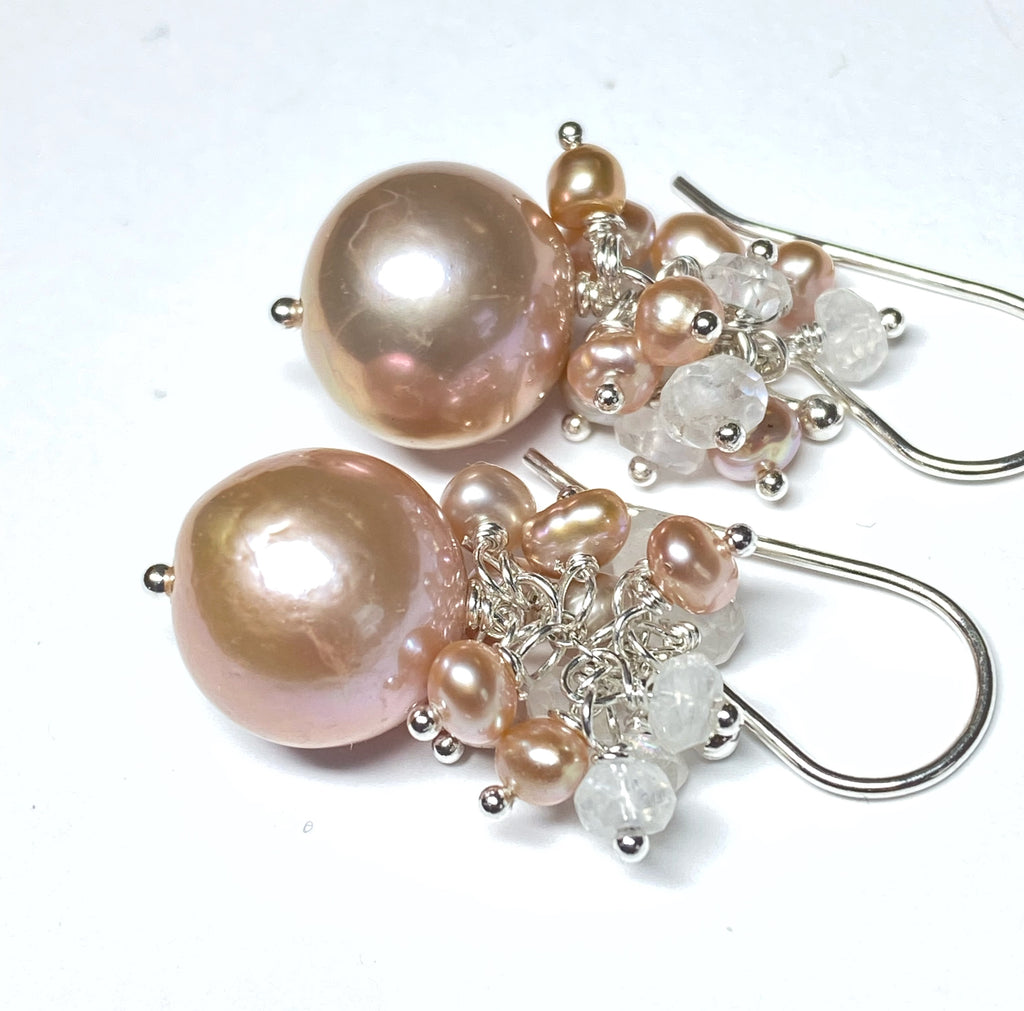 Round Pink Edison Pearl Cluster Earrings Sterling Silver