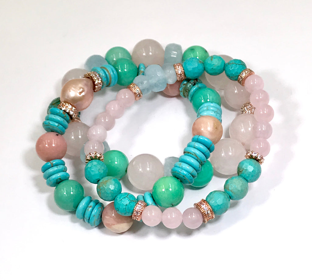 Turquoise Rose Quartz Aquamarine Stretch Bracelet Set of 3 Rose Gold - doolittlejewelry