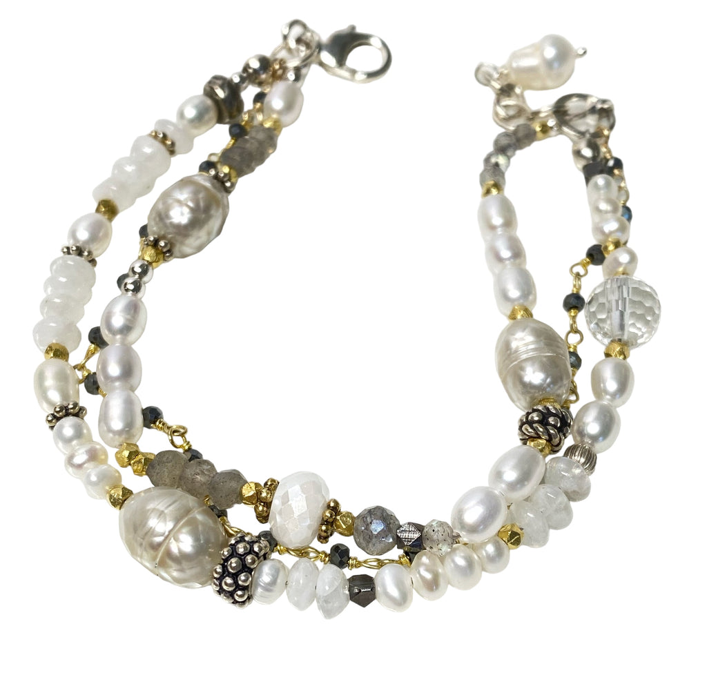 Pearl Triple Strand Dainty Bracelet Mixed Metal