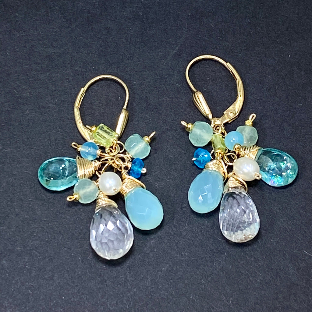 Aqua Gold Filled Dangle Earrings Crystal Quartz & Apatite - doolittlejewelry